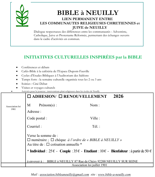Bulletin d'adhésion à l'association Bible à Neuilly
